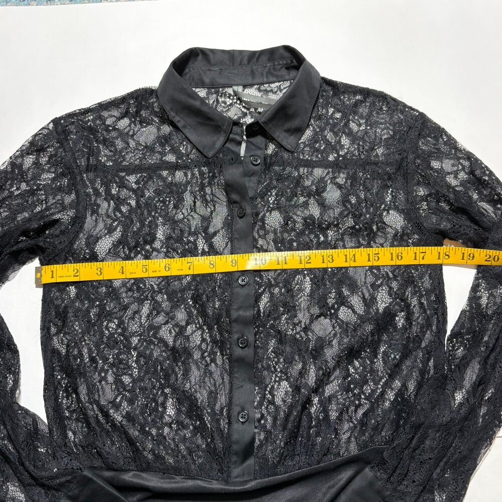 Anthropologie Black Lace Button Front Bodysuit Satin Trim Long Sleeve S - Picture 4 of 7